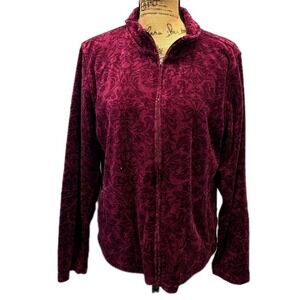 Erika Burgundy Velvet Damask Zip Up Jacket Holiday Soft Luxe Romantic Y2K sz L